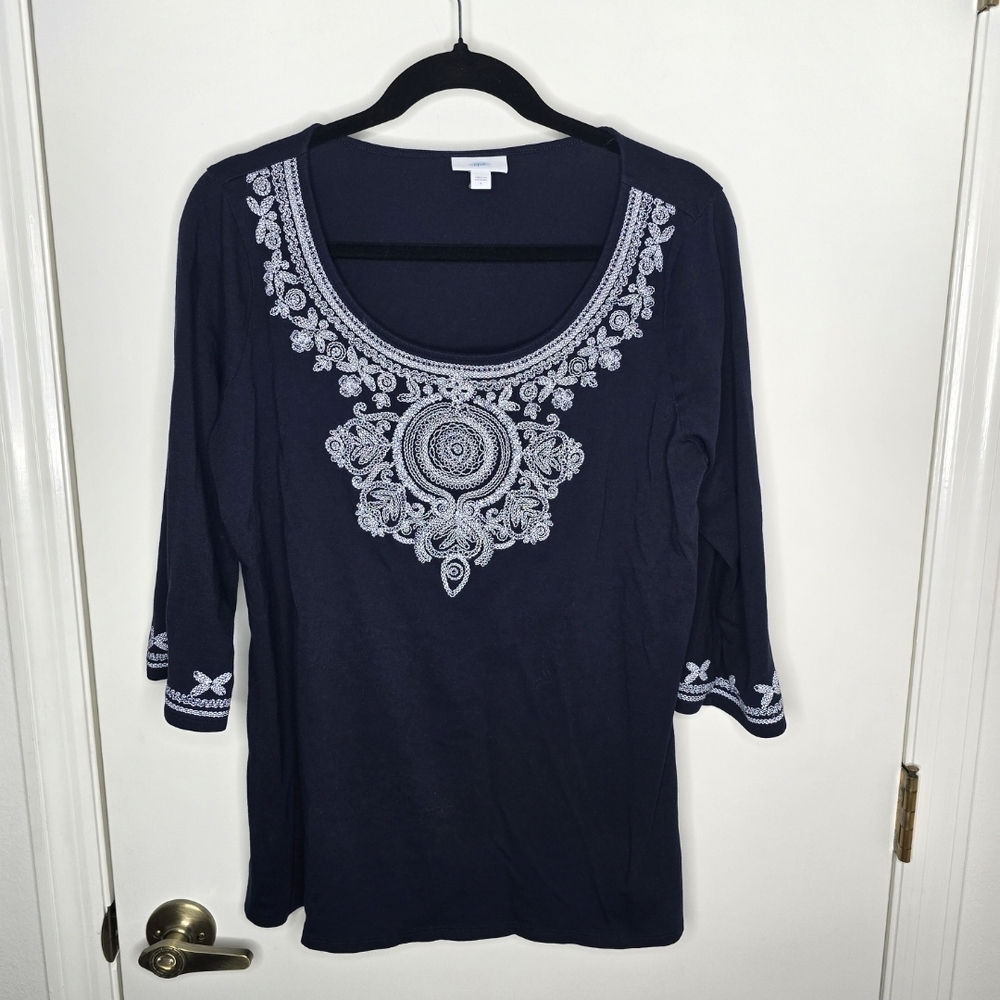 J. Jill Midnight Blue Embroidered Blouse Large